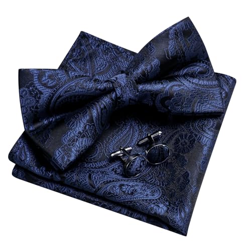 Image of Barry.Wang Paisley Striped Bow Tie for Men Silk Pre-Tied Bowtie Pocket Square Cufflinks Set Formal Wedding Party Prom