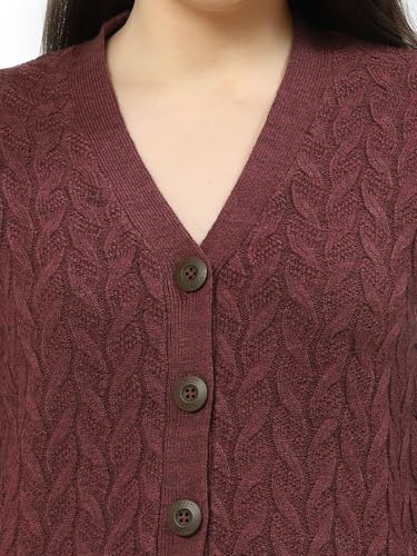 Image of Kalt Women Full Sleeves Cable Button Acrylic V-Neck Sweater