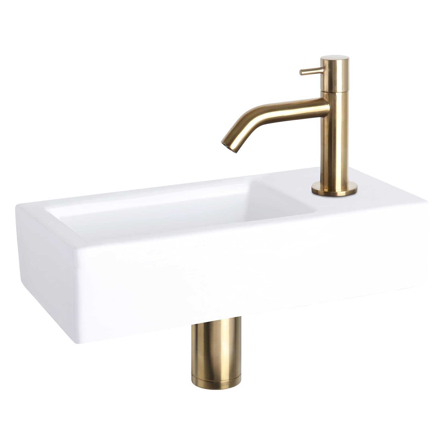 Differnz Ravo Lavabo - Lave main Céramique Blanche Brillante - Robinet Courbé Or Mat - Ensemble Complet - 38,5 x 18,5 x 9 cm