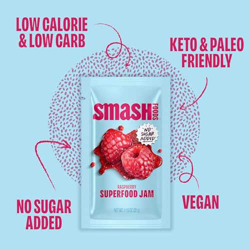 Image of Smash Foods Raspberry Jam Squeeze Packets | 10 Single Serve | Natural, Keto & No Sugar Added | Vegan & Upcycled Fruit Spread | Low-Calorie, Superfood Snack
