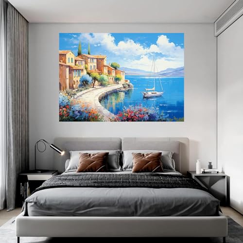 Art mural industriel et paysage de bord de mer pour salon