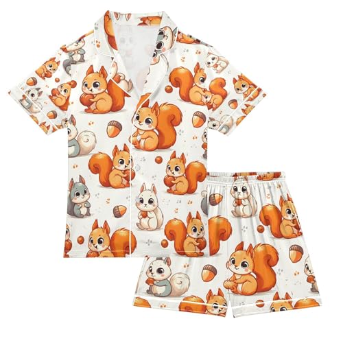 senya Cute Squirrel Eat Satin Summer Pajama Sets Silk Short Sleeve Button Down Sleepwear