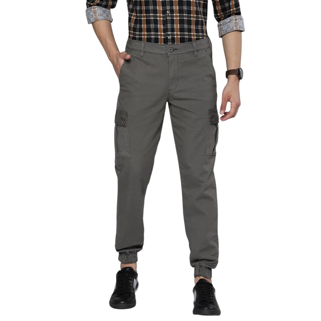 The Indian Garage Co Men’s Slim Fit Mid Rise Solid Mid-Rise Stretchable Cuffed Cargos
