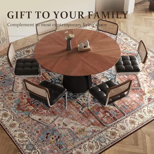 Deerly Large Washable Area Rug 8x10 for Living Room Bedroom Boho Vintage Rug for Dining Room Non-Slip Soft Low-Pile Thin, Brickred/Multi