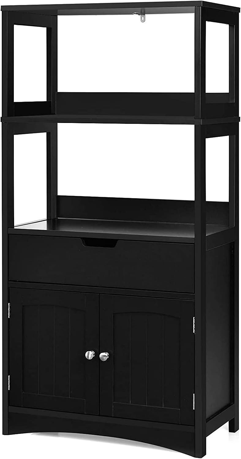 LDAILY Storage Cabinet, 24" L x 13" W x 48" H Floor Cabinet with 2 Shelves, 1 Drawer and a 2-Door Base Cupboard, Microwave Cart with Storage Cabinet for Kitchen, Bathroom, Office (Black)