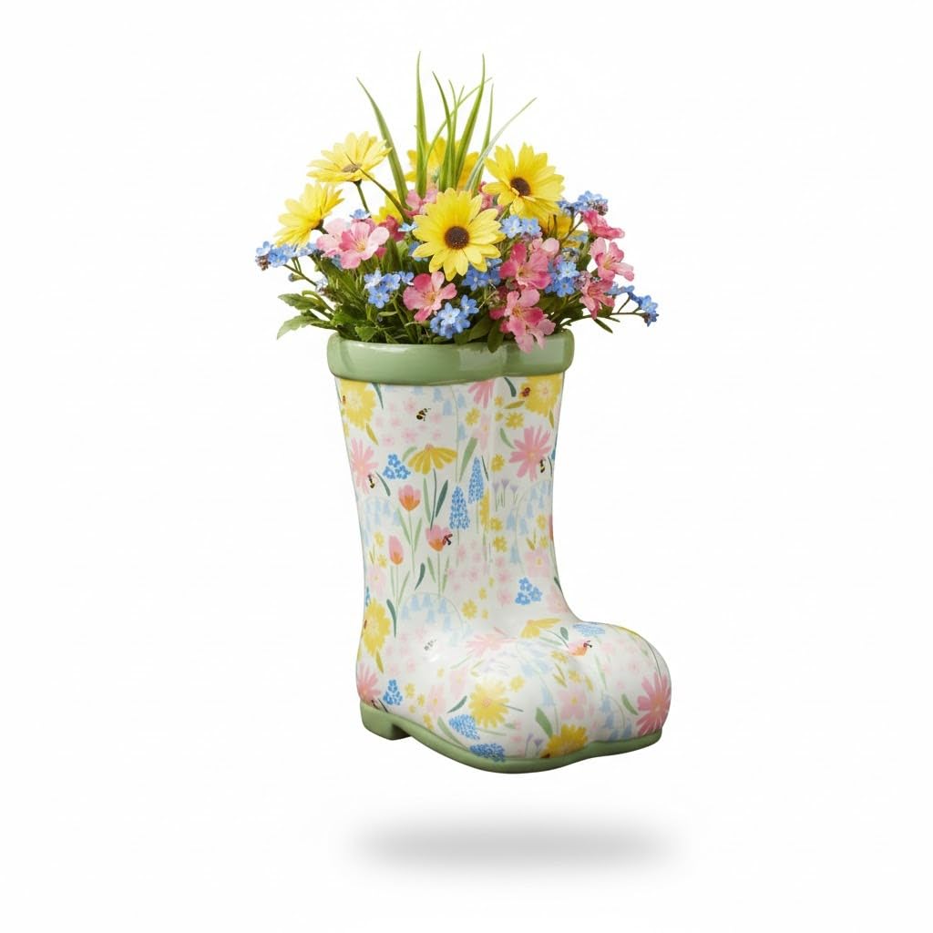 Bloomingtons Direct Ceramic Wellington Boot Planter – Decorative Wellie Plant Pot for Indoor & Outdoor Use, Rustic Garden Flower Pot for Succulents, Herbs & Small Plants
