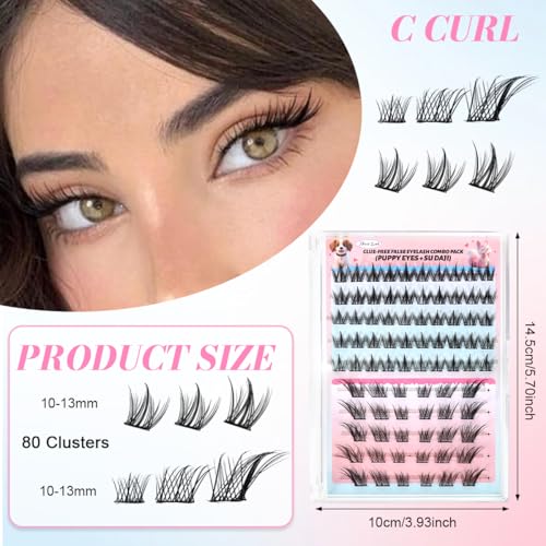 Image of MAYCREATE 80Pcs False Eyelashes Combo Pack, Self-Adhesive Lash Cluster Lashes 10-13mm, Puppy Eye & Wispy Cat Eye Styles, Lightweight Synthetic Lashes Lash Kit with Tweezers
