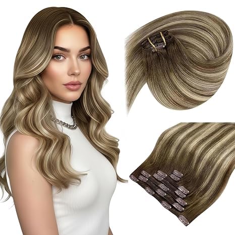 Sunny Hair Clip in Hair Extensions Real Human Hair Brown Blonde 14 Inch