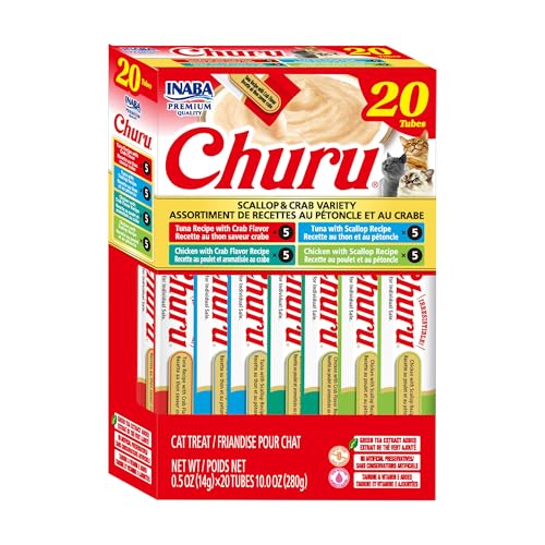 Image of INABA Churu Cat Treats, Lickable, Squeezable Creamy Puree Cat Treat with Green Tea Extract & Taurine, 0.5oz. Each Tube, 20 Tubes, Scallop & Crab Variety