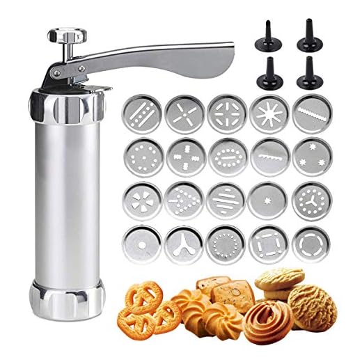 Shule Cookie Press Gun Kit for DIY Biscuit Maker and Decoration with 20 Stainless Steel Cookie discs and 4 nozzles, Silver
