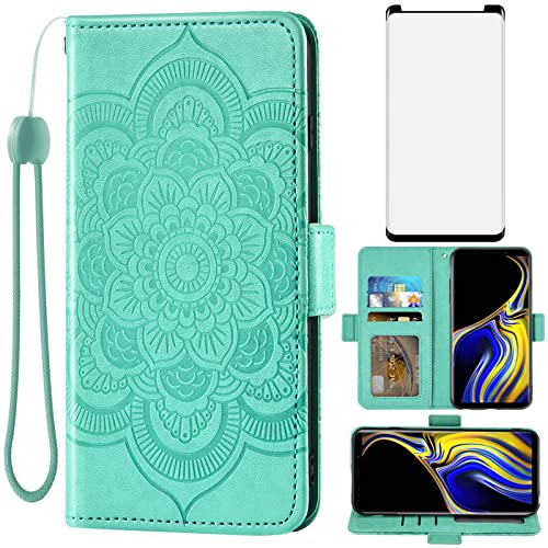 Étui portefeuille Galaxy Note 9 avec verre trempé vert Asuwish