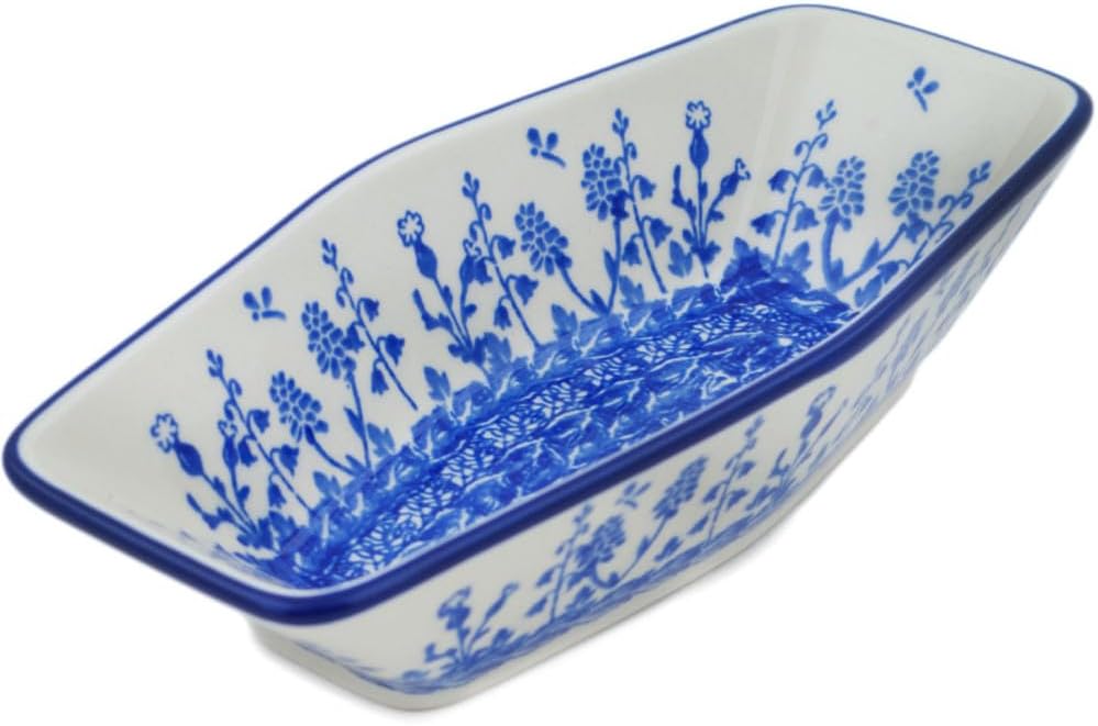 Polmedia Polish Pottery Condiment Dish - Cobalt Garden Pattern Handmade in Boleslawiec Poland by Ceramika Artystyczna + Certificate of Authenticity