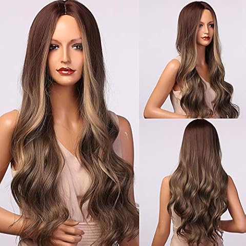 Kellynee Omber Brown Wig with Blonde Highlights Middle Parting Long Wavy Heat Resistant Synthetic Wigs for Women Cover