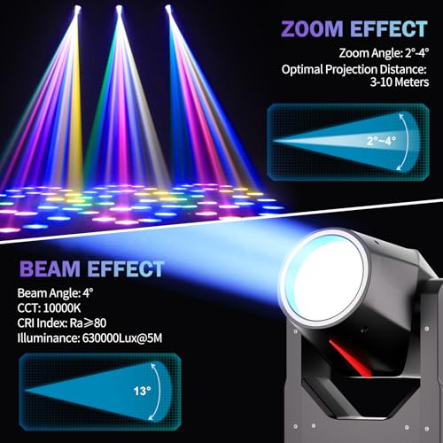 Image of 2 PCS Moving Head Beam Light 295W with Color Ring 15 Colors 14 Gobos 18+8 Facet Prisms /Wash /Beam /Frost /Rainbow Stage Effect 4 Angle 16 /22CH DMX512 Sound Activated for Concert Theater Club Christmas