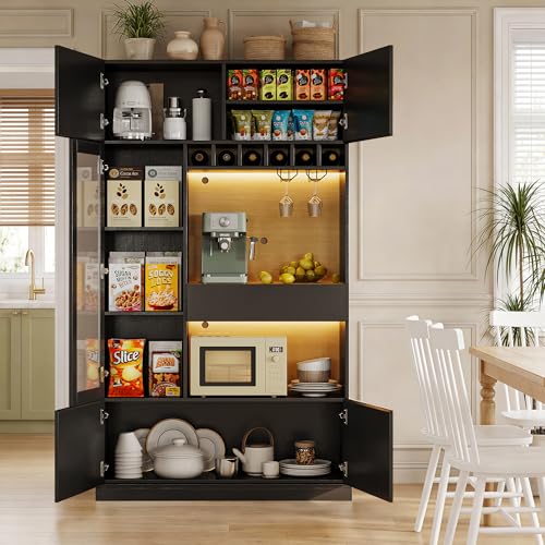 Einhomn 69" Kitchen Pantry Cabinet with LED Lights & Charging Station & Wine Rack, Large Kitchen Hutch with Glass Door & Countertop & Adjustable Shelves for Dining Room, Living Room, Black