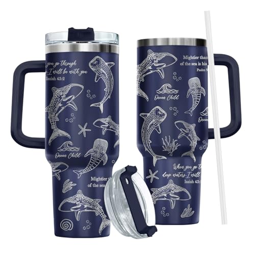 La Mejor Lista de termos dia del padre más recomendados. 49 Vaso de tiburón de ballena oscura 34HD con mango de tapa, popote, taza de café para niños, de acero inoxidable, regalos de fe de Dios Día del Padre, regalos de tiburón ballena...