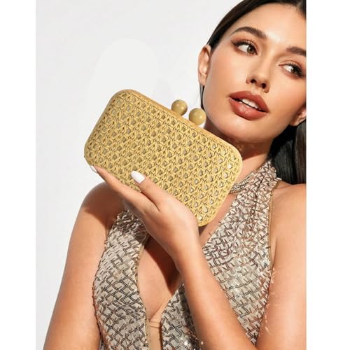 Image of Women Straw Clutch Purse Handwoven Summer Evening Bag Beach Straw Handbag Wedding Party Clutch Bag Wicker Purse