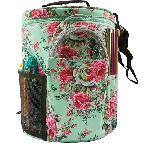 Image of WAZAIGUR Green Flowers Pattern Large Capacity Multifunctional Crocheting Knitting Project Bag Strong Yarn Storage Organizer Bag Tote Travel Crochet Needles Bag