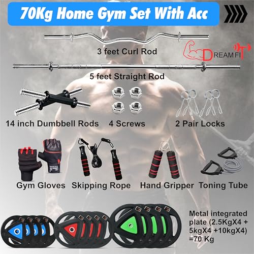 Image of DREAM FIT Rubber Coated Metal Integrated Weight Plates 70Kg Professional Home Gym Combo with 23mm 3ft curl rod, 23mm 5ft straight rod, 1 pair dumbbell rods with steel nuts and gym accessories (70kg set)