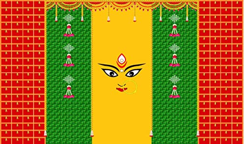 Image of Durga MATA Face on Weaved Green Coconut Leaf and Hanging Bells Design Backdrop for Pooja Decoration Traditional Curtain Cloth for Festival Size 5Feet Height and 8Feet Width(5 * 8)