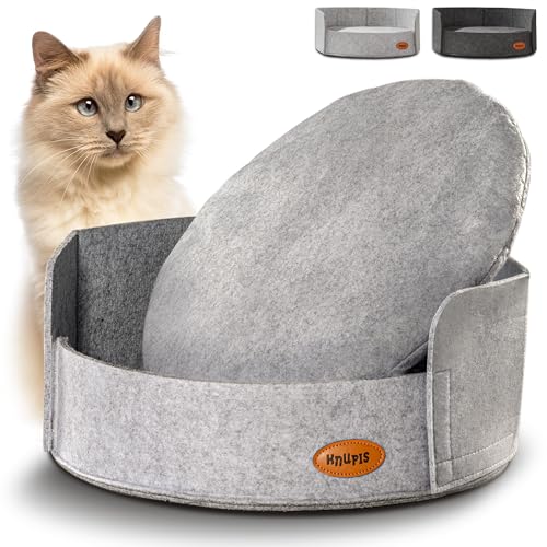 Lit pour Chat - En Feutre Écologique - Avec Coussin Lavable - Rond Design - Fond Antidérapant - Moelleux - Panier pour Chats et Petits Chiens - Gris Clair