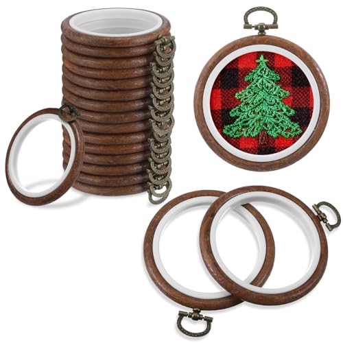 16 Pcs 3 Inch Round Embroidery Hoop Circle Rubber Decorative Embroidery Hoop Frames for Display Imitated Wood Cross Stitch Ornament for Christmas Craft Sewing DIY Hanging Gifts
