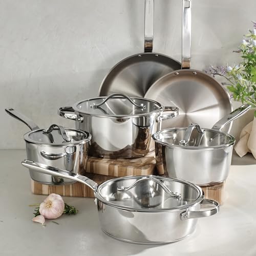 Image of Tramontina Tempo Tri-Ply Base Stainless Steel 10-Piece Cookware Set with Glass Lids, Pots and Pans Kitchen Set, Induction-Ready, Oven-Safe, Dishwasher-Safe