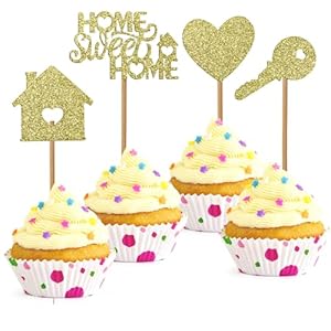 Teaaha 24 PCS Gold Home Sweet Home Cupcake Toppers, 4 Sizes Housewarming Cupcake Toppers Cake Topper, Housewarming Cupcake House Warming Party Decorations Set for New Home Decorations