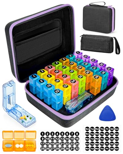 Image of Monthly Pill Organizer 3 Times a Day, with Portable Hard Shell, Pill Cutter, 31-Day Box, Plastic Opening Pick, Monthly & Weekly Stickers, Convenient Medication Management (Purple, 3 Times a Day)