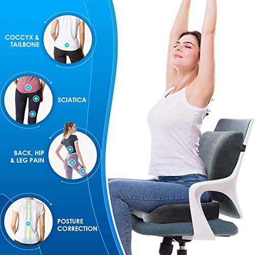 Seat Cushion & Lumbar Support Pillow For Office Chair, Car, Wheelchair Memory Foam Chair Cushion For Sciatica, Lower Back&Tailbone Pain Relief Desk Pad With Adjustable Strap Washable Cover Grey #TOP2