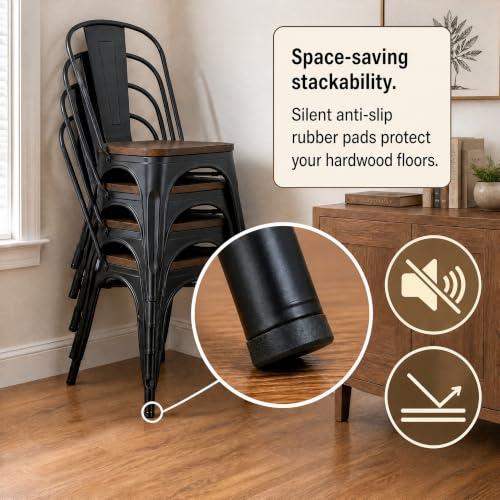 Image of Furmax Metal Dining Chairs with Wood Seat, Indoor-Outdoor Use Stackable Chic Dining Bistro Cafe Side Metal Chairs Set of 4(Black)