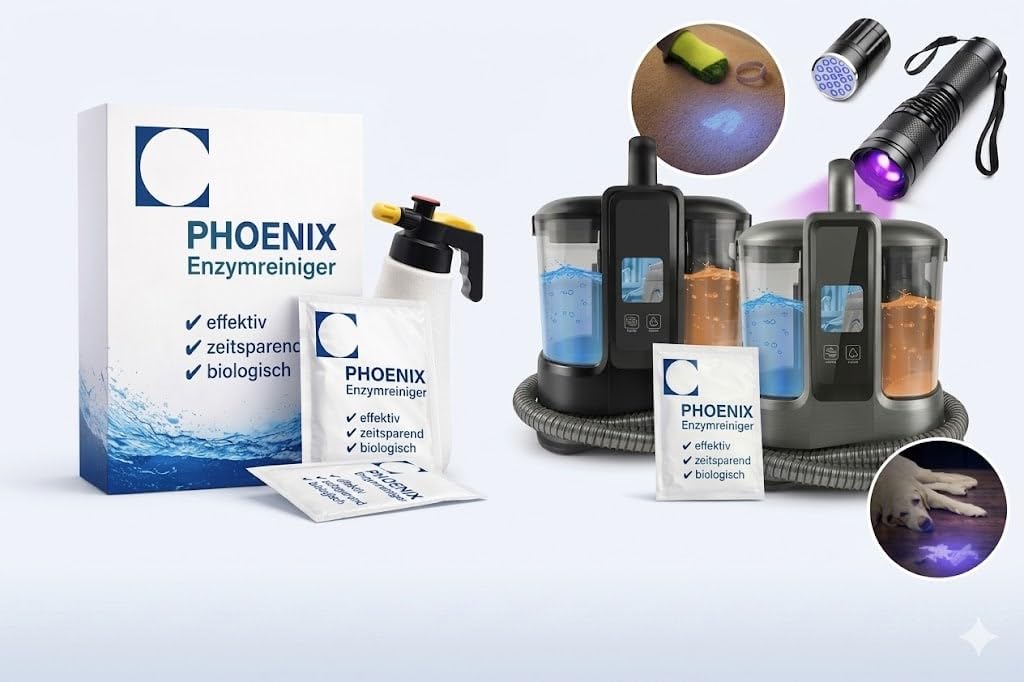 Teppich Reiniger 40g + UV-Lampe Schwarzlicht Flecken aufspüren + Nasssauger saugt gelösten Schmutz ab Sprühextraktion Teppichbürste Bürste Sprühflasche Schaum Schwamm | PHOENIX Enzymreiniger