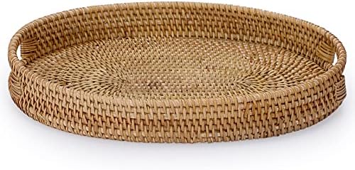 IGNPION Oval Rattan Serving Tray Decorative Display Tray Table Storage Tray with Handle Table Desktop Organiser Tray for Tableware, Kitchen,Makeup,Vanity,Jewelry,Candle, Ornament (35x26cm)