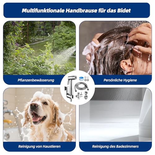 Bidet Handbrause Set, Hand Gehalten Bidet Sprayer Edelstahl mit Ventil T-Adapter (G1/2’’-3/8’’), 150cm/59inch Schlauch - und Hakentoilette oder Wandhalterung, Duschkopf Windel Dusche Tierbad