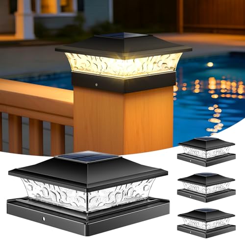 NIORSUN Solar Pfostenleuchte 4 Stück, Solar Pfostenkappe für 9*9 10x10 12*12cm usw. Holz/Vinyl Pfosten, IP64 Wasserdicht, Warm-/Kaltweißes Licht, Solarlampen für Zaunpfosten, Terrasse, Garten Deko