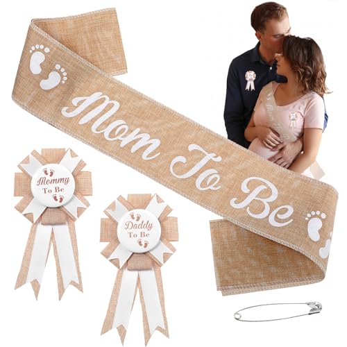 3 Stück Mom To Be Schärpe Baby Shower Deko Set mit Daddy-to-Be Mom to Be Abzeichen Sackleinen Gürtel für Mommy, Babyparty-Dekorationen