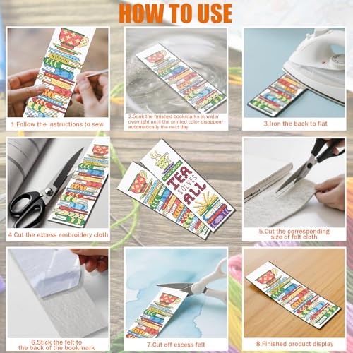 Image of FREEBLOSS 6 Set Cross Stitch Bookmark Kits Book Teacup Pattern Stamped Cross Stitch Kit 11CT Embroidery Kit with Instructions for Beginners 20x6cm /8x2.4inch