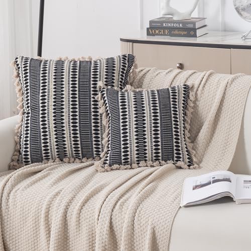 Image of HOKIPO 'Artisan Boho Series' 450 GSM Cushion Cover with Tassels | Cotton Acrylic Jacquard | 16x16 Inch (40x40 cm) | Pack of 2, Charcoal Black (IN-905-A3*2)