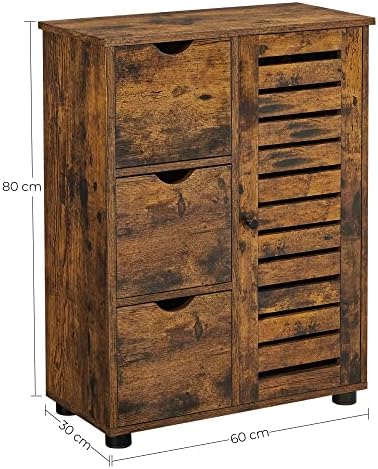 VASAGLE Bathroom Floor Cabinet, Wooden Storage Unit with 3 Drawers, Single Door with 2 Adjustable Shelves, for Living Room, Kitchen, Entryway, Rustic Brown BBK143X01