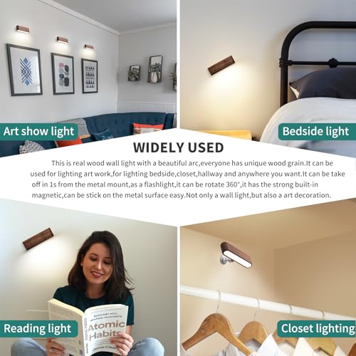 Vadifula FW002 Wood Led Wall Sconce Magnetic 360°Rotate Mounted Lamp Brightness Adjustable Nightlights Rechargeable Battery Powered Reading Light For Bedside Hallway Living Room Black Walnut Set Of 2 thumb #6