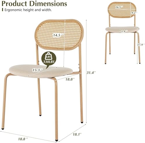 Miniatura 5 de COSVALVE Juego de 4 sillas de comedor boho con respaldo de ratán, asientos tapizados de caña y patas de metal, perfectas para cena, sala de estar o