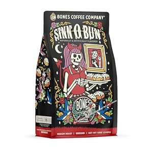 Bones Coffee Company Sinn ‘O’ Bun Ground Coffee Beans, Cinnamon Roll Flavor, Low Acid Flavored Coffee, Made with Arabica Coffee Beans, Medium Roast Gourmet Coffee (12 oz)