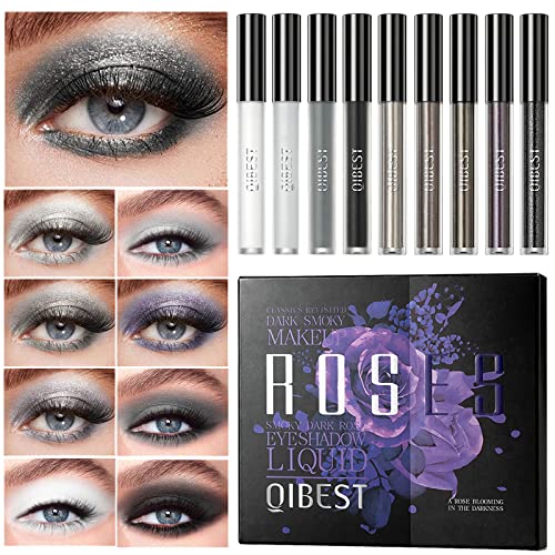 Sumeitang 9 Color Cool Toned Matte Glitter Liquid Eyeshadow Set, Black Grey White Silver Smokey Eyeshadow Stick, High-Pigmented Longlasting Waterproof Smooth Creamy Eye Shadow Smoky Eye Makeup #TOP26