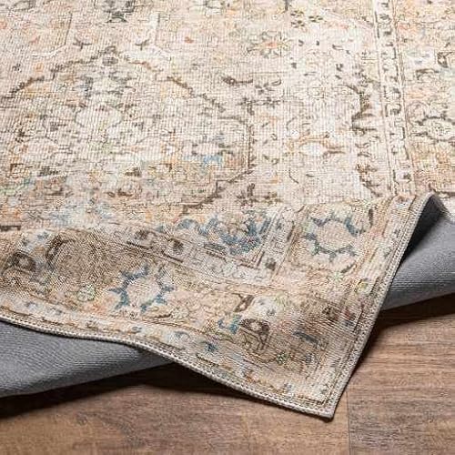 Kemer Collection Machine Washable Hallway Kitchen Runner Rug - Vintage Distressed Faded - Traditional Boho Bohemian Farmhouse Bordered Carpet - Pet Friendly - Brown, Beige, Cream - 2'7" X 7'3" #TOP5