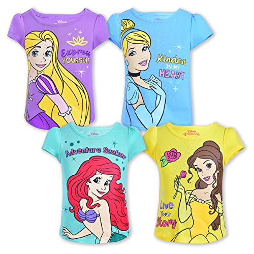 Disney Princess Cinderella, Belle, Rapunzel, and Ariel Girls 4 Pack Short Sleeve T-Shirt for Toddler and Big Kids