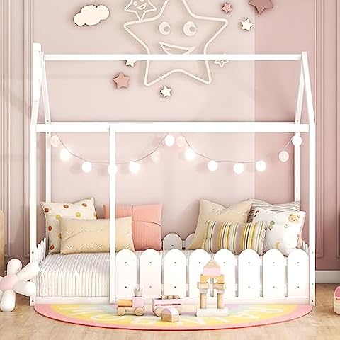 Harper & Bright Designs Twin Floor Bed for Kids, Wood Montessori Floor Bed Twin with Fence-Shaped Rails, Twin Size House Bed for Girls, Boys(Twin,White) Cover