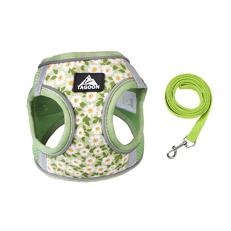 BT Bear Dog Harness and Lead Set,Daisy Flower Adjustable Soft No Pull Dog Vest Harness, Breathable Pet Harness for Cats Puppy Small Dogs(Green,M)