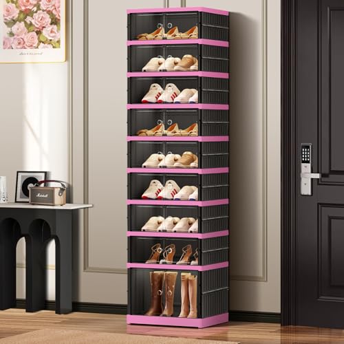 Image of CIMLORD 9-Tier Foldable Shoe Rack Organizer with Doors, 18 Pairs,Black-Pink | Collapsible Slim Shoe Rack for 18 Pairs, Lidded Boxes, Stackable, Clear Door, Easy Assembly, for Closet