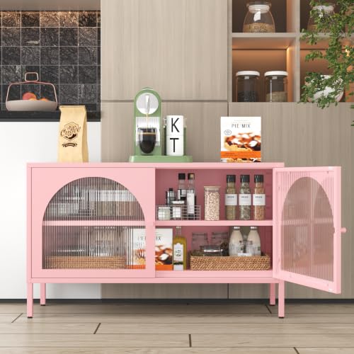 LINGZOE Metal TV Stand Accent Storage Cabinet with 2 Acrylic Doors Pink Locker Cabinet with Adjustable Shelf Side Cabinet for Home Office Entryway Dining/Living Room Bedroom Pink