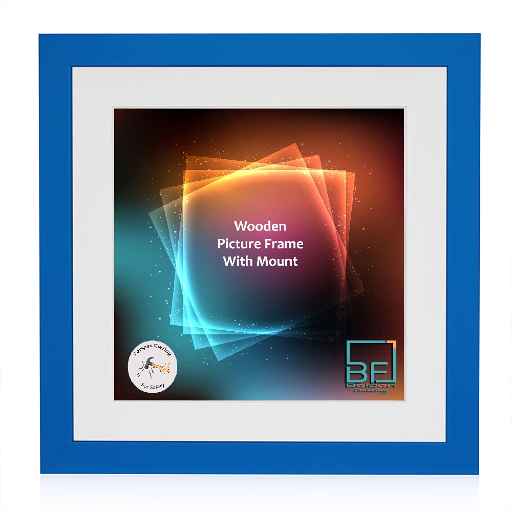 Boldon Framing - Blue, Square Thin Photo Frame in Solid Wood with White Wall Mount, 40x40cm- Pic Size 30x30cm Picture Display